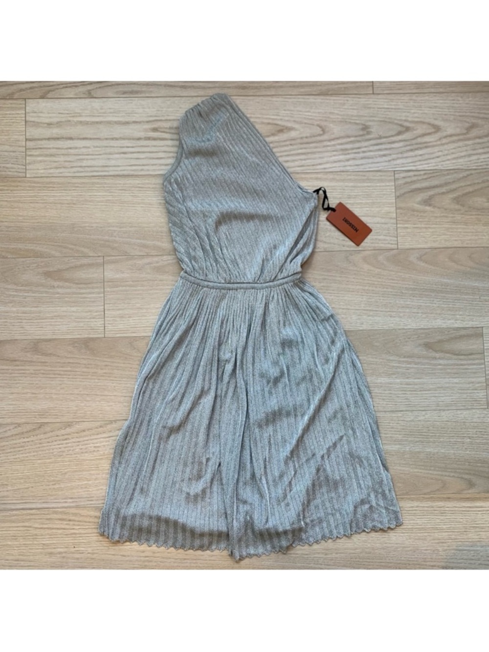 Missoni Pleated One Shoulder Knee Length Dress Metallic Silver NWT Size 38 IT